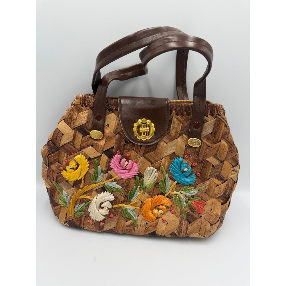 Whidby Vintage Straw Handbag Floral Raffia Brown Woven Top Handle Bag